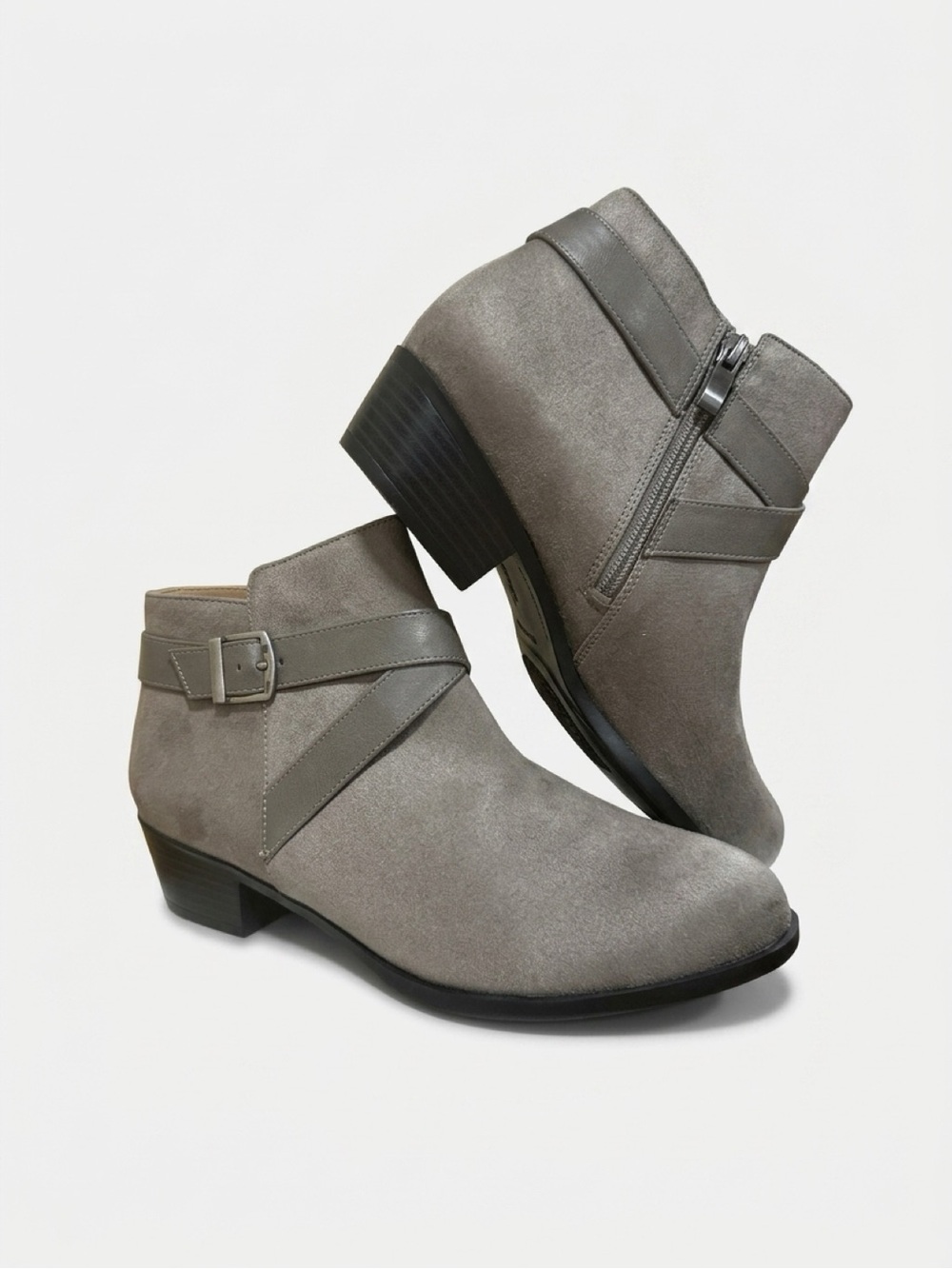 Life Stride Ally Gray Suede Ankle Booties with Buckle Strap